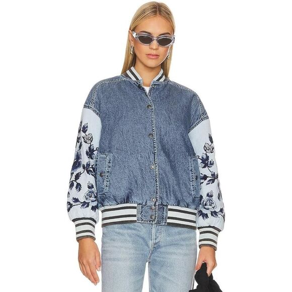 Free People Team Spirit Jacket Floral Roses Embroidered Sleeves Striped XS NEW - Picture 2 of 9